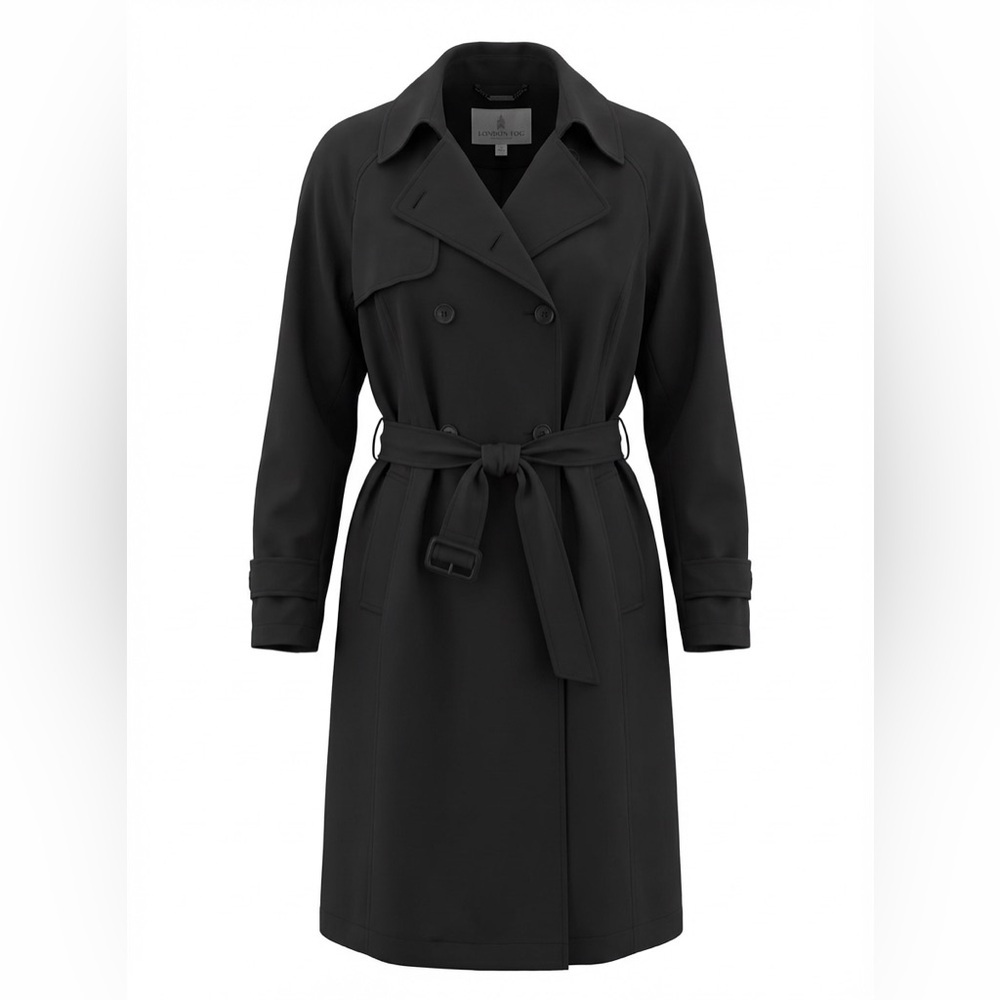 London Fog Black Trench Coat with Zip Out Lining Size 8P Eclectic Grandpa Rain